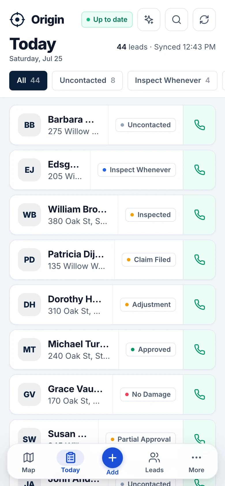 Earlier Origin field interface showing daily leads, lead stages, and one-tap calling